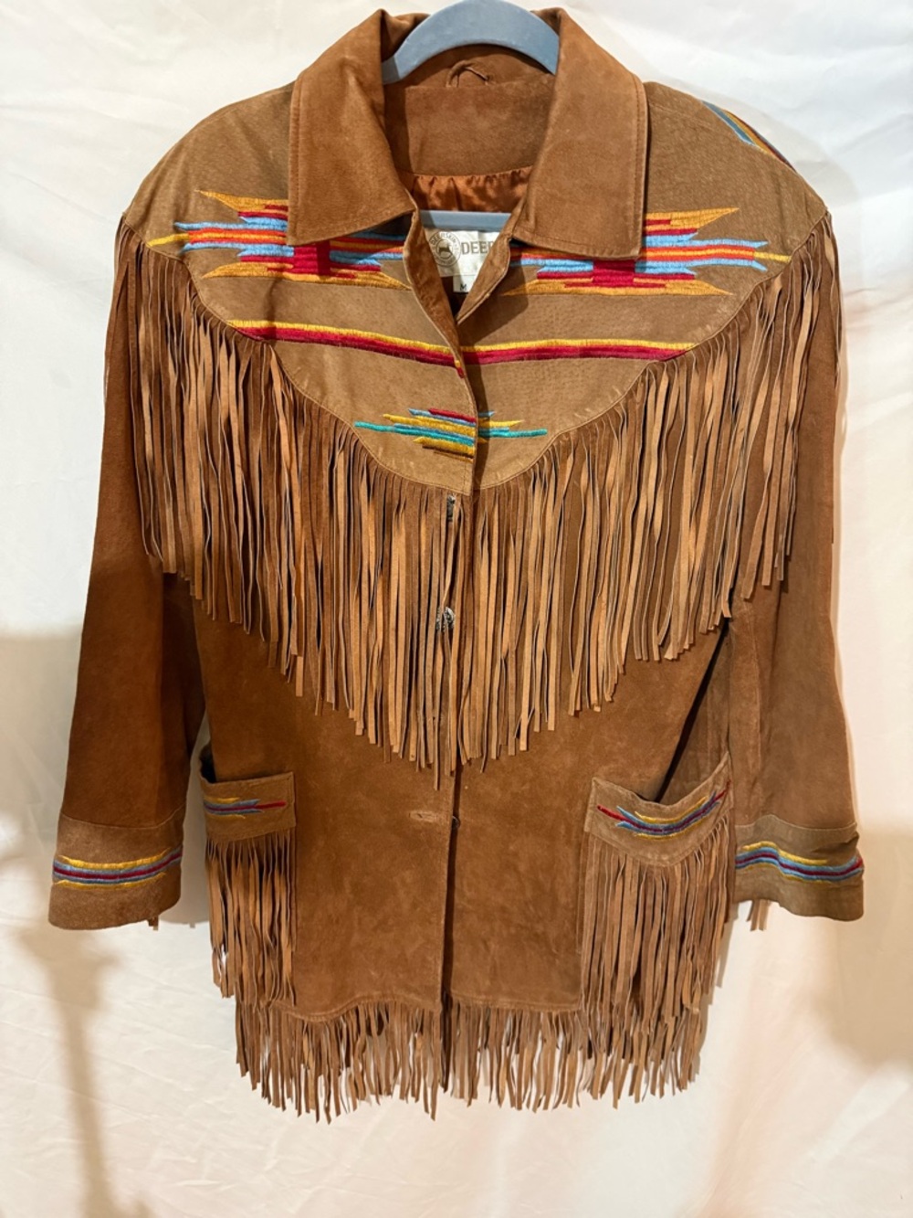 Vintage Suede Fringe Jacket with Multicolor Embroidery - Brown